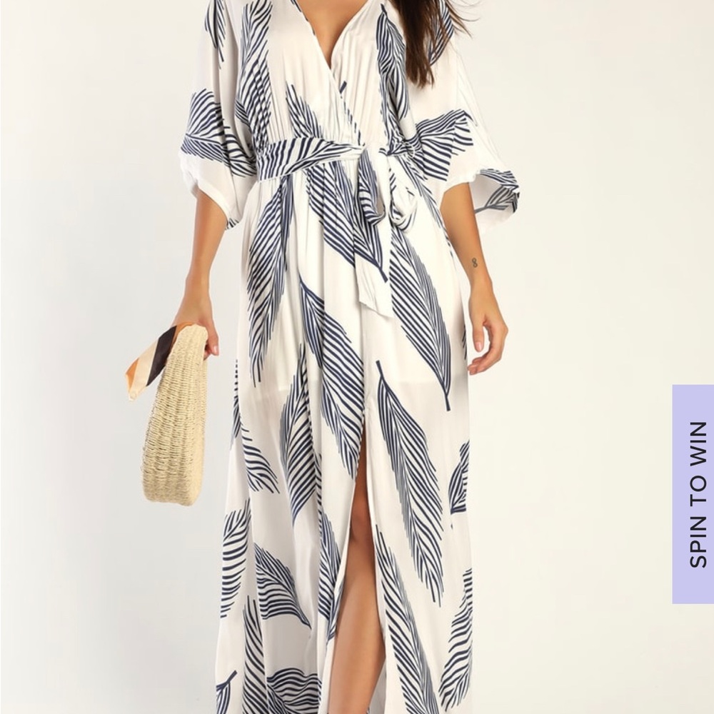 Lulus sign of the Times White and Navy Blue Leaf Print Maxi Dress